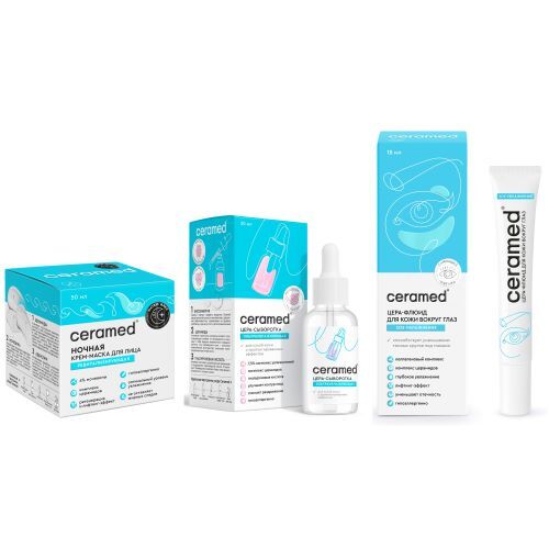Изображение товара Набор Ceramed для сухой и чувстительной кожи лица: крем-маска д/лица ночная + сыворотка увлажняющая + флюид д/кожи вокруг глаз