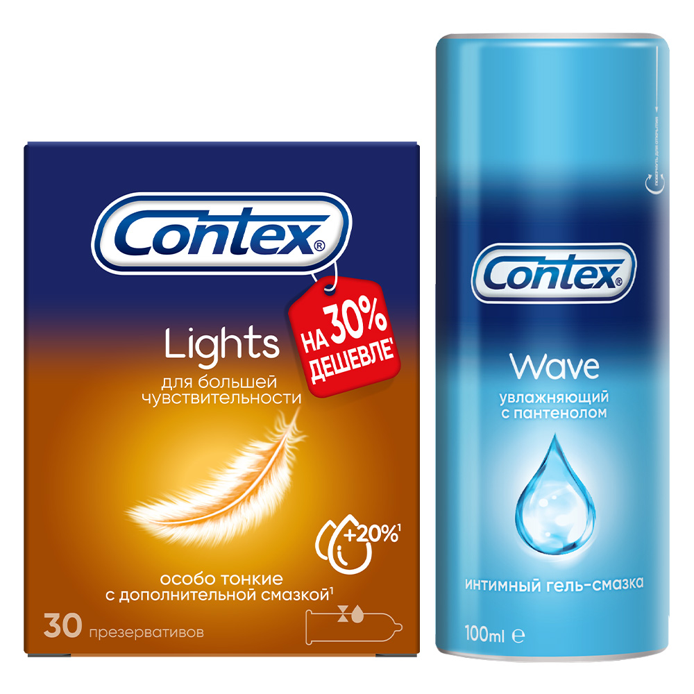 Изображение товара Набор Презервативы Contex Lights 30 + Гель Contex WAVE 100ML увлажняющий Изображение товара Набор Презервативы Contex Lights 30 + Гель Contex WAVE 100ML увлажняющий