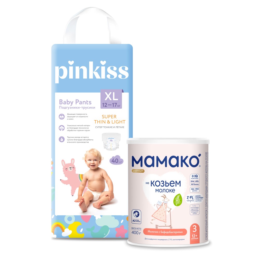 Изображение товара Набор МАМАКО-3 PREMIUM НАПИТОК СУХОЙ НА КОЗЬЕМ МОЛОКЕ С ОЛИГОСАХАРИДАМИ ГРУДНОГО МОЛОКА 400г + PINKISS ПОДГУЗНИКИ-ТРУСИКИ XL/12-