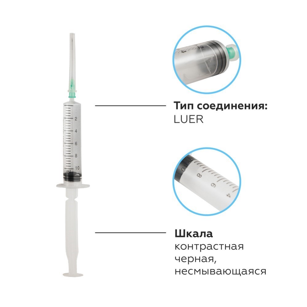 Шприц 10 мл 3-х компонентный c иглой 21g 0,8x38 мм 1 шт./ цзянсу чжиюй/