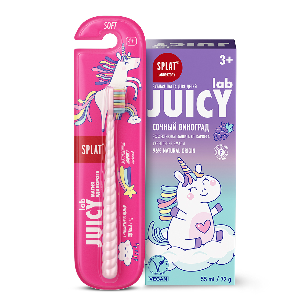 Изображение товара Набор JUICY LAB ЗУБНАЯ ЩЕТКА ДЕТСКАЯ PEARL/МЯГКАЯ + ЗУБНАЯ ПАСТА СО ФТОРОМ ВИНОГРАД