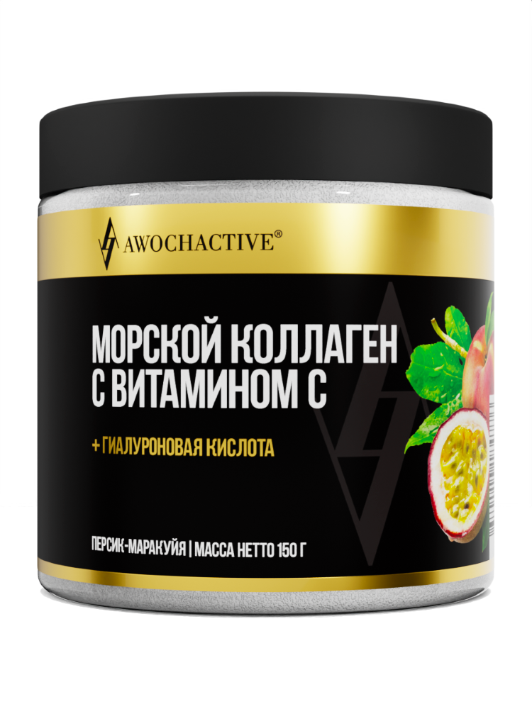 Изображение товара Awochactive коллаген морской с витамином с 150 гр порошок/банка/персик-маракуйя
