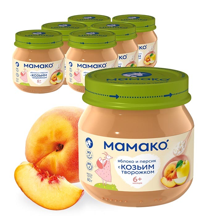 Изображение товара Набор из 6 банок МАМАКО ПЮРЕ ИЗ ЯБЛОК С ПЕРСИКОМ И КОЗЬИМ ТВОРОГОМ 80,0 по специальной цене
