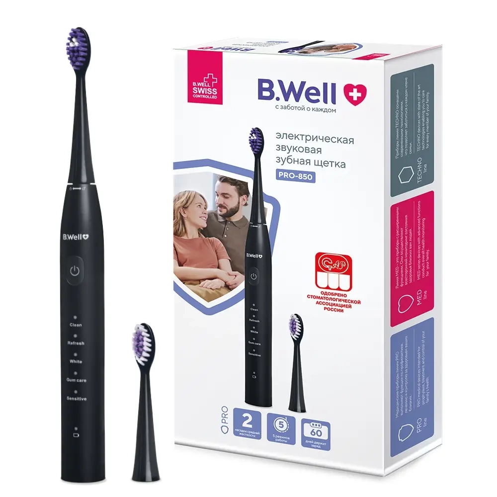Изображение товара Больше здоровья для зубов зубная щетка B well pro-850 черная звуковая электрическая