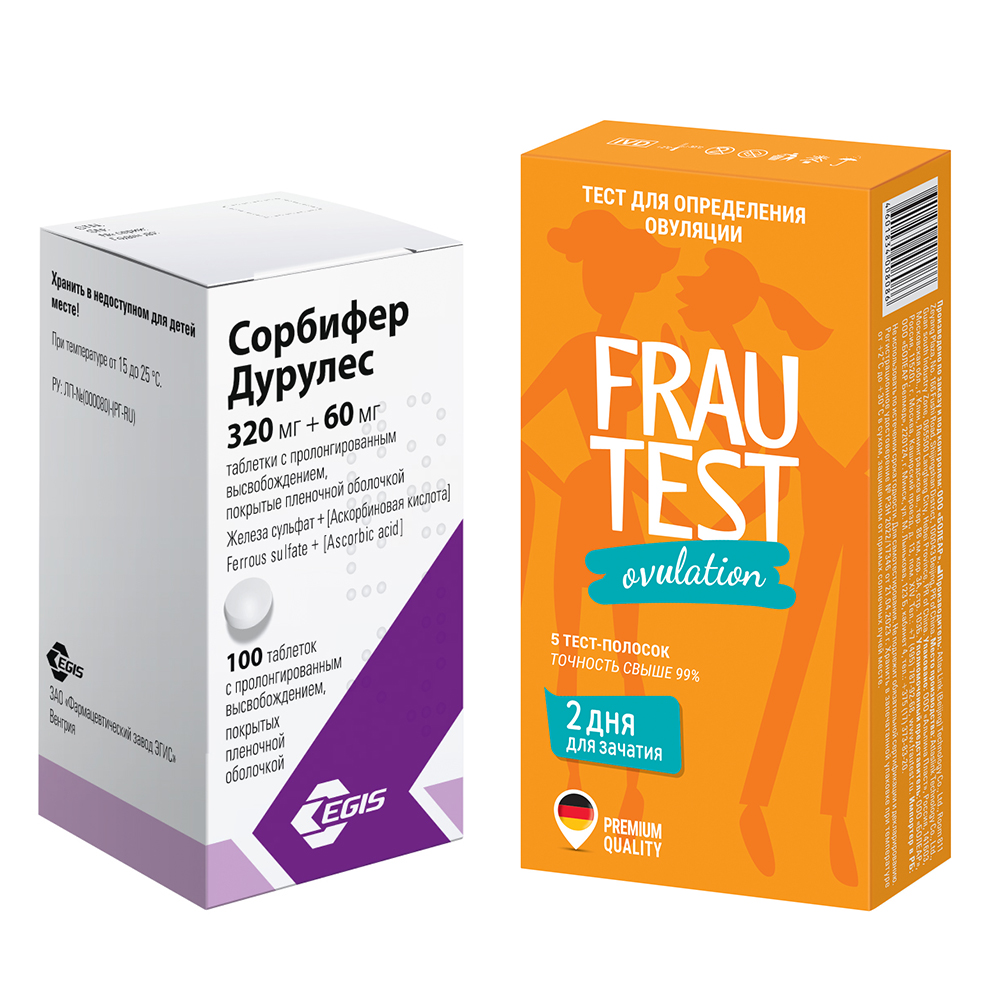 Изображение товара Набор СОРБИФЕР ДУРУЛЕС 0,32+0,06 N100 ТАБЛ ПРОЛОНГ ВЫСВОБ П/ПЛЕН/ОБОЛОЧ + ТЕСТ-ПОЛОСКА ДЛЯ ОПРЕДЕЛЕНИЯ ОВУЛЯЦИИ FRAUTEST OVULATI