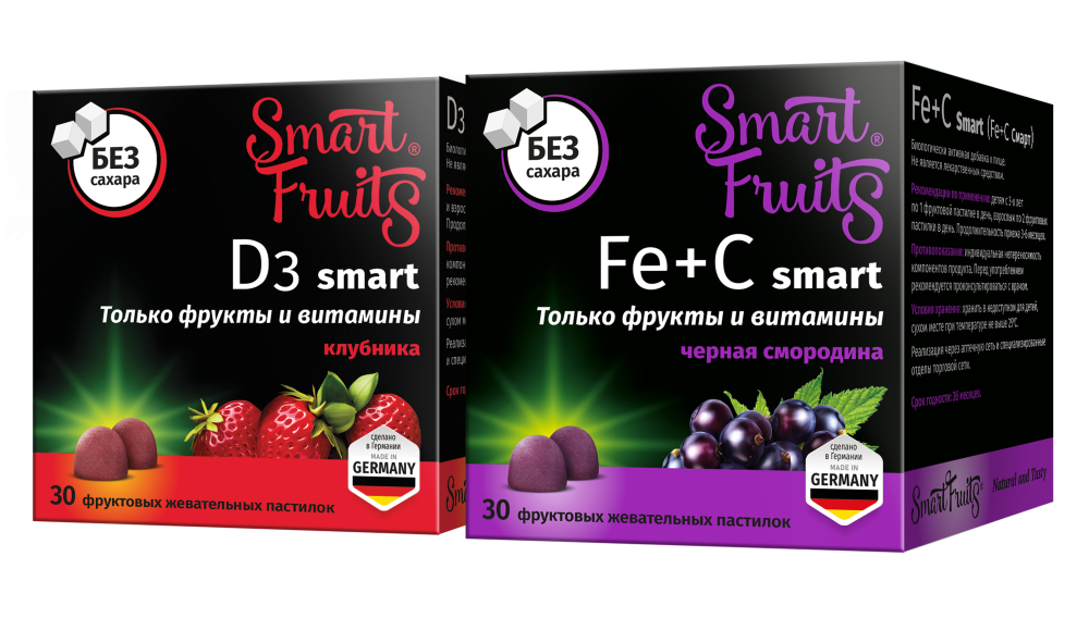 Изображение товара Набор SMART FRUITS D3 СМАРТ 30шт. пастилки жевательные + SMART FRUITS FE+C СМАРТ 30шт. пастилки жевательные Изображение товара Набор SMART FRUITS D3 СМАРТ 30шт. пастилки жевательные + SMART FRUITS FE+C СМАРТ 30шт. пастилки жевательные