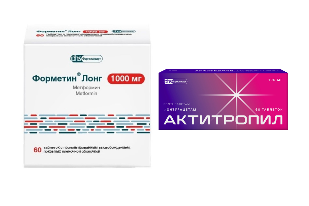 Изображение товара Набор Форметин Лонг 1000мг №60 таб + Актитропил 100мг №60 таб со скидкой