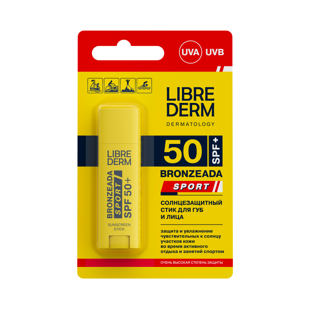 Librederm bronzeada sport стик для губ и лица солнцезащитный spf50+ 4,8 гр  - цена 365 руб., купить в интернет аптеке в Чердыни Librederm bronzeada  sport стик для губ и лица солнцезащитный spf50+