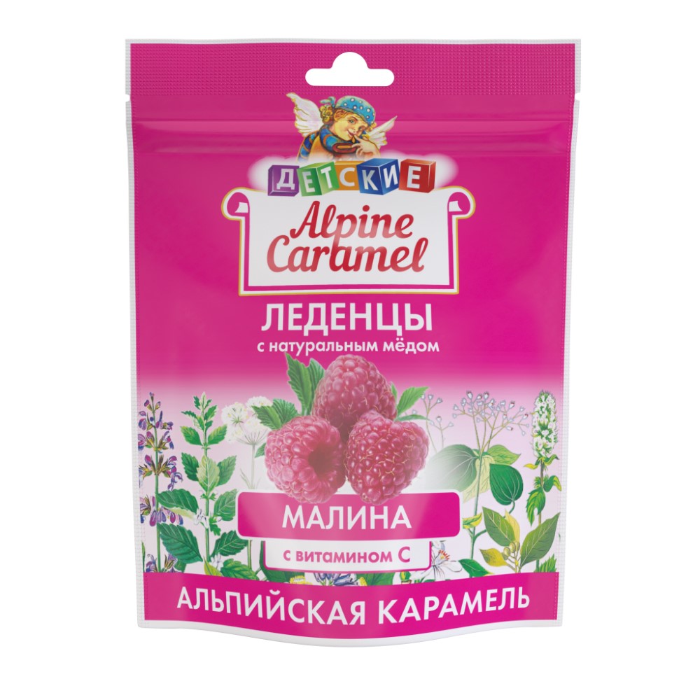 Alpine caramel леденцы альпийская карамель детские с натуральным медом и  витамином с со вкусом малины 75 гр