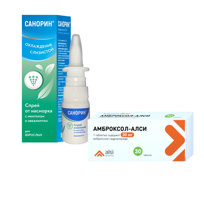 Изображение товара Набор Санорин спрей с ментолом и эвкалиптом 0,1% 10 мл и Амброксол-АЛСИ таб.30 мг №30 со скидкой!