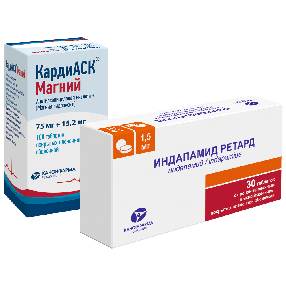 Изображение товара Набор Индапамид Ретард 1,5 мг 30 шт + Кардиаск Магний 75 мг + 15,2 мг 100 шт по специальной цене