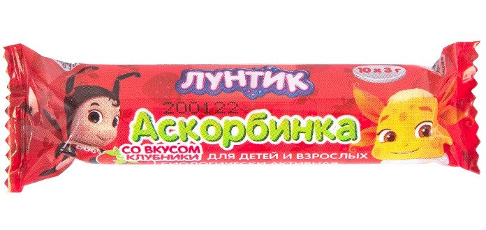 Изображение товара Аскорбинка для детей и взрослых 3 гр 10 шт жевательные таблетки со вкусом клубники Лунтик