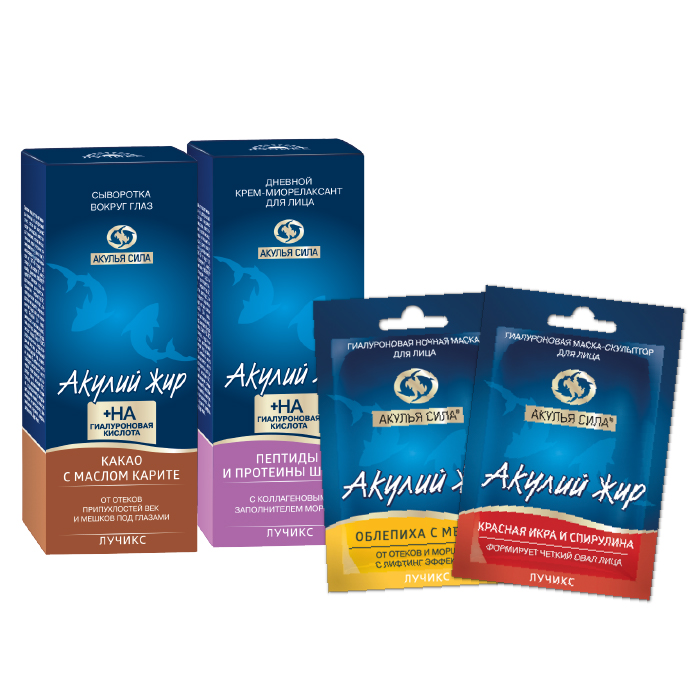 Изображение товара Набор подарочный Акулья сила: Гиалуроновй крем для лица дневной + Гиалуроновая сыворотка вокруг глаз + 2 маски