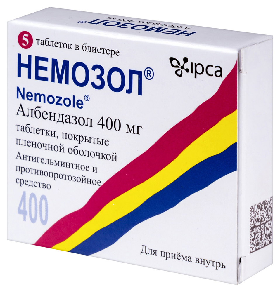 Немозол 400 мг 5 шт. таблетки, покрытые пленочной оболочкой - цена 887  руб., купить в интернет аптеке в Москве Немозол 400 мг 5 шт. таблетки,  покрытые пленочной оболочкой, инструкция по применению