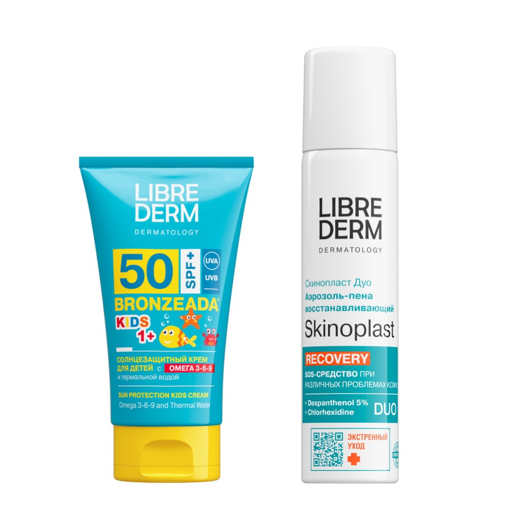 Изображение товара Набор Librederm Бронзиада крем солнцезащитный для детей SPF50 + Скинопласт ДУО аэрозоль-пена