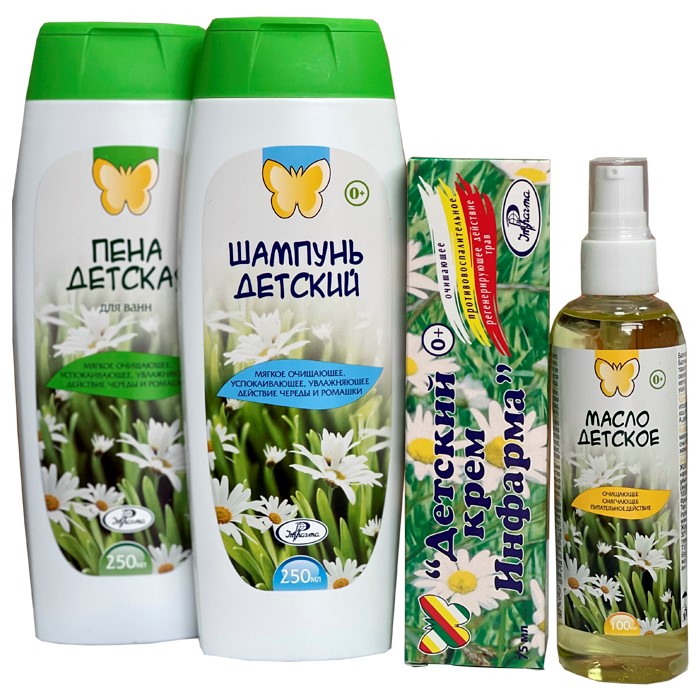 Изображение товара Детский набор «Инфарма»: крем + масло + пена для ванн + шампунь - со скидкой 10%