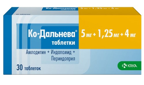 Изображение товара Ко-дальнева таблетки 5 мг + 1,25 мг + 4 мг для лечения гипертензии