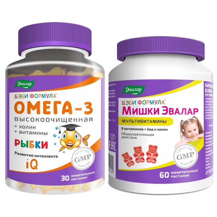 Изображение товара Набор витаминов для детей БЭБИ ФОРМУЛА РЫБКИ ОМЕГА-3 пастилки 30шт. + БЭБИ ФОРМУЛА МИШКИ МУЛЬТИВИТАМИНЫ пастилки 60шт.