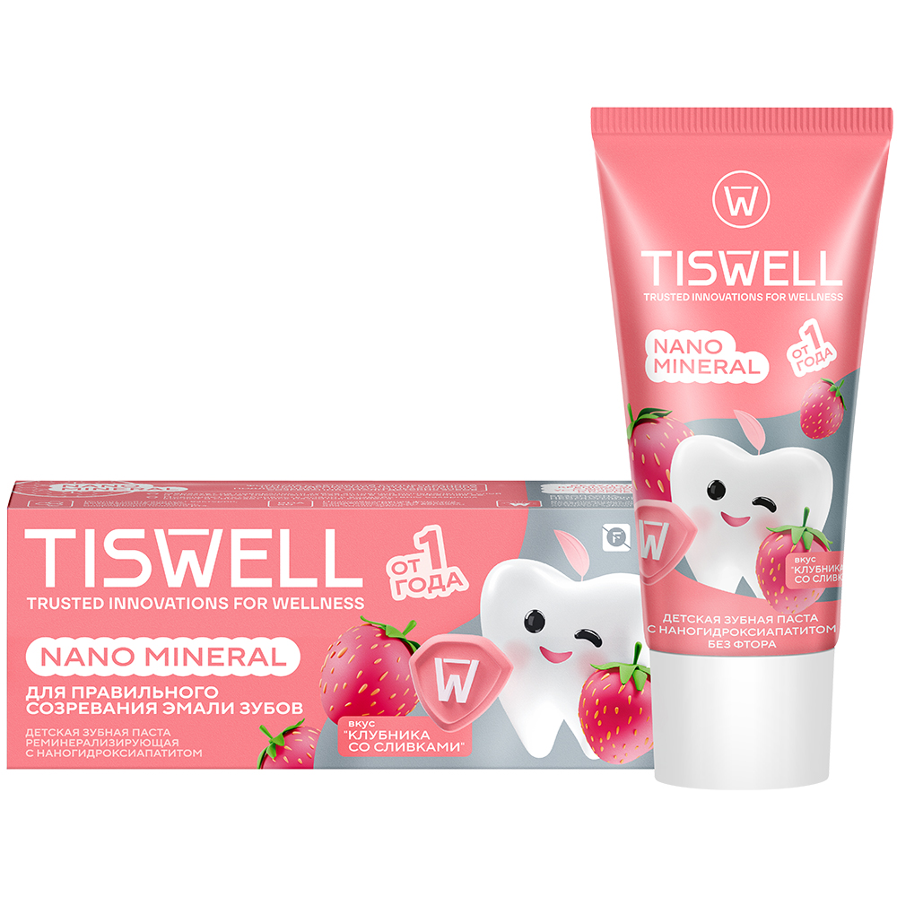 Изображение товара Tiswell зубная паста реминерализующая с наногидроксиапатитом без фтора детская от 1 года 60 гр/клубника со сливками