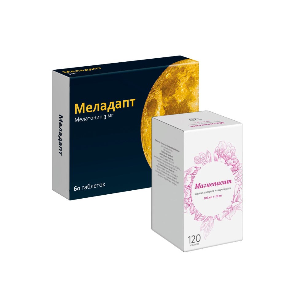 Изображение товара Набор со скидкой Меладапт 3 мг 60 шт и Магнепасит 100 мг + 10 мг 120 шт Изображение товара Набор со скидкой Меладапт 3 мг 60 шт и Магнепасит 100 мг + 10 мг 120 шт