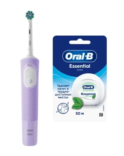 Изображение товара Набор Oral-b зубная щетка vitality pro/тип 3708/с насадкой cross action электрическая/сиреневая + Oral-b зубная нить essential floss вощеная мятный вкус 50 м Изображение товара Набор Oral-b зубная щетка vitality pro/тип 3708/с насадкой cross action электрическая/сиреневая + Oral-b зубная нить essential floss вощеная мятный вкус 50 м