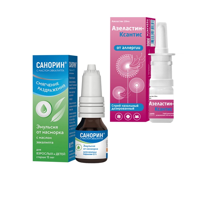 Изображение товара Набор Азеластин спрей назальный 140 мкг/доза 10 мл  и Санорин с маслом эвкалипта 0,1% капли 10 мл!
