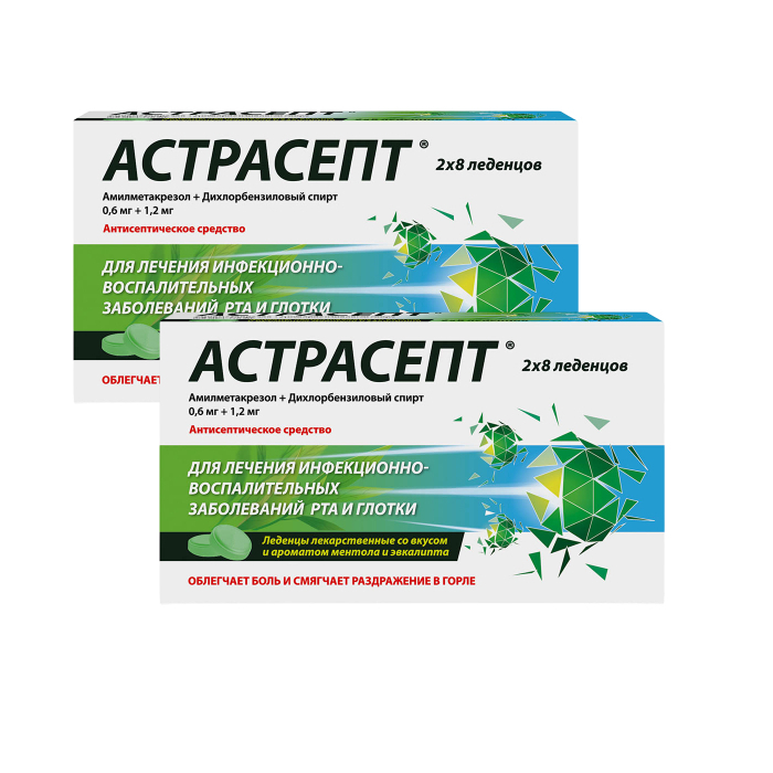 Изображение товара Набор из 2-х уп. Астрасепт ментол-эвкалипт при боли в горле со скидкой!