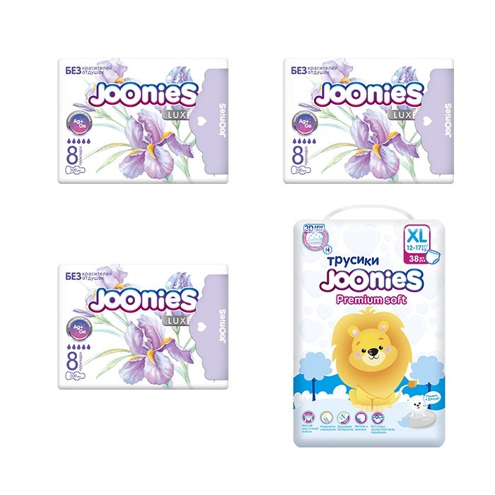 Изображение товара Набор JOONIES: подгузники для детей PREMIUM SOFT XL/12-17КГ N38 + 3 уп. женских ночных прокладок