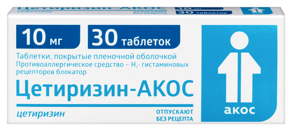 Изображение товара Цетиризин-акос 10 мг 30 таблеток для лечения аллергии и крапивницы