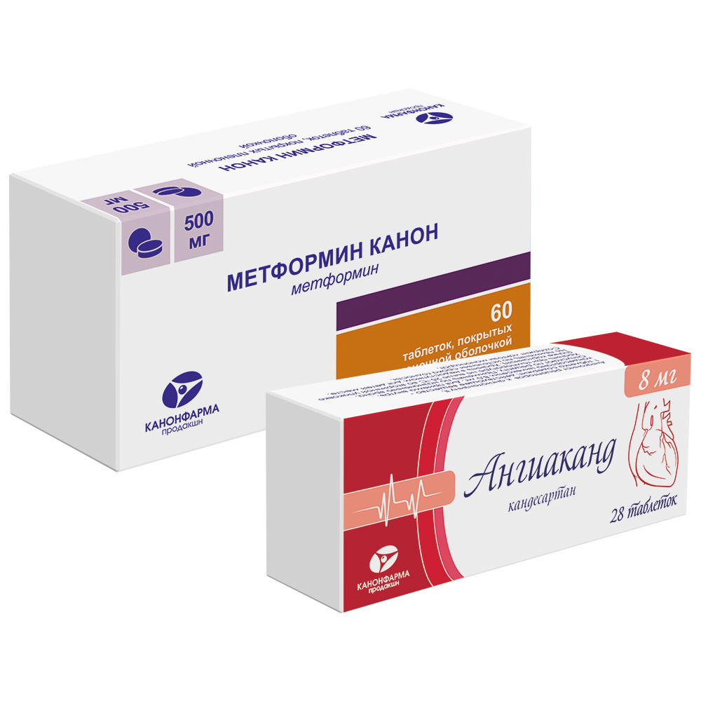 Изображение товара Набор Метформин Канон 500 мг 60 шт + Ангиаканд (кандесартан) 8 мг 28 шт по специальной цене