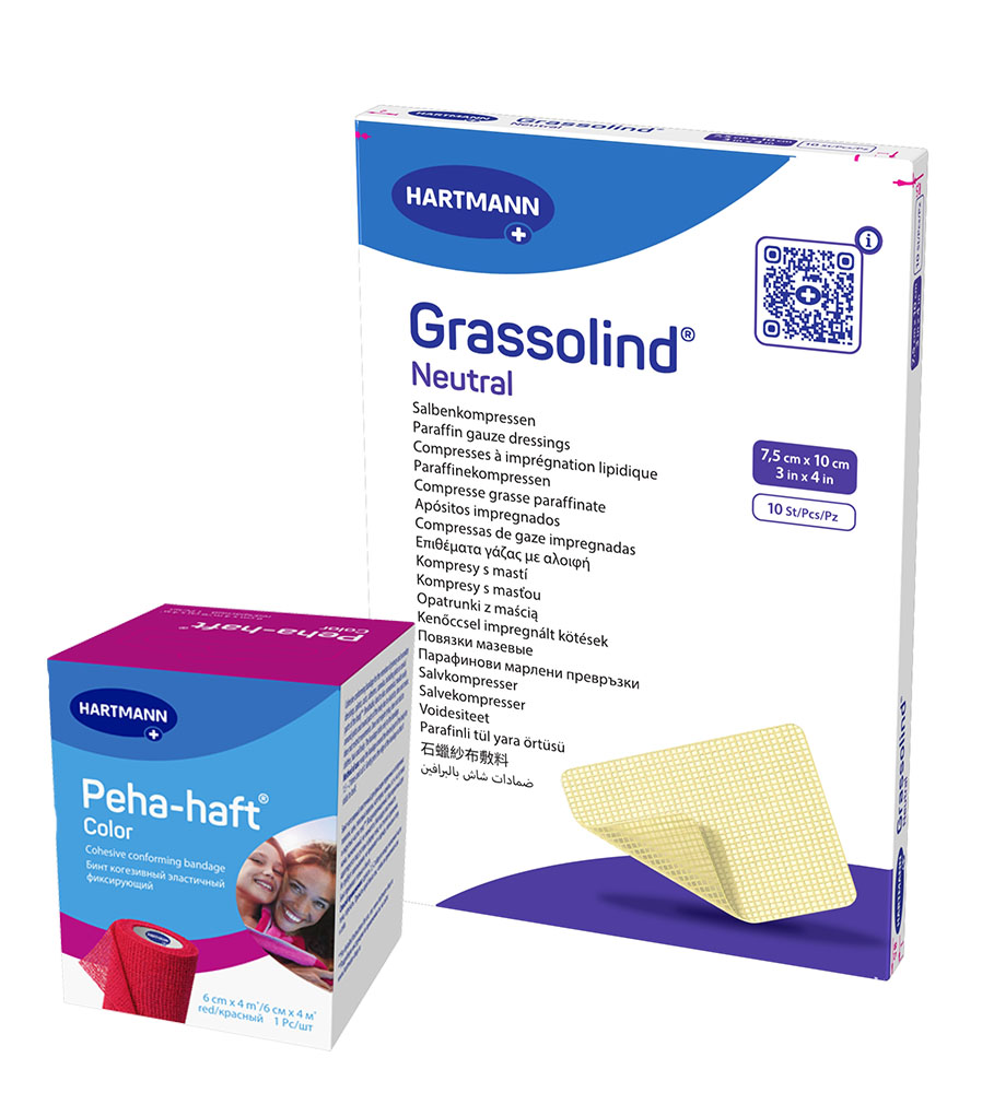 Изображение товара Набор Гразолинд 7.5 см х 10 см, 10 шт + Peha-haft® Color red/Пеха-хафт колор красный, бинт когезивный эластичный фиксирующий 6 см x 4м