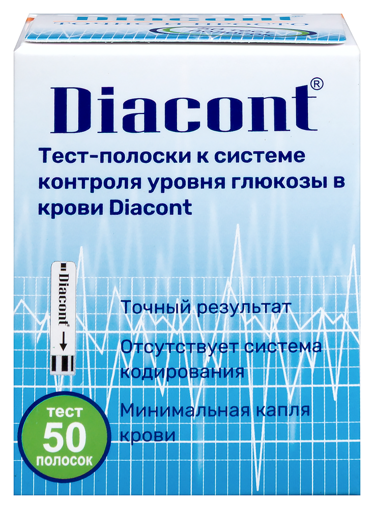 Изображение товара Тест-полоски Diacont для определения глюкозы в крови, 50 шт.