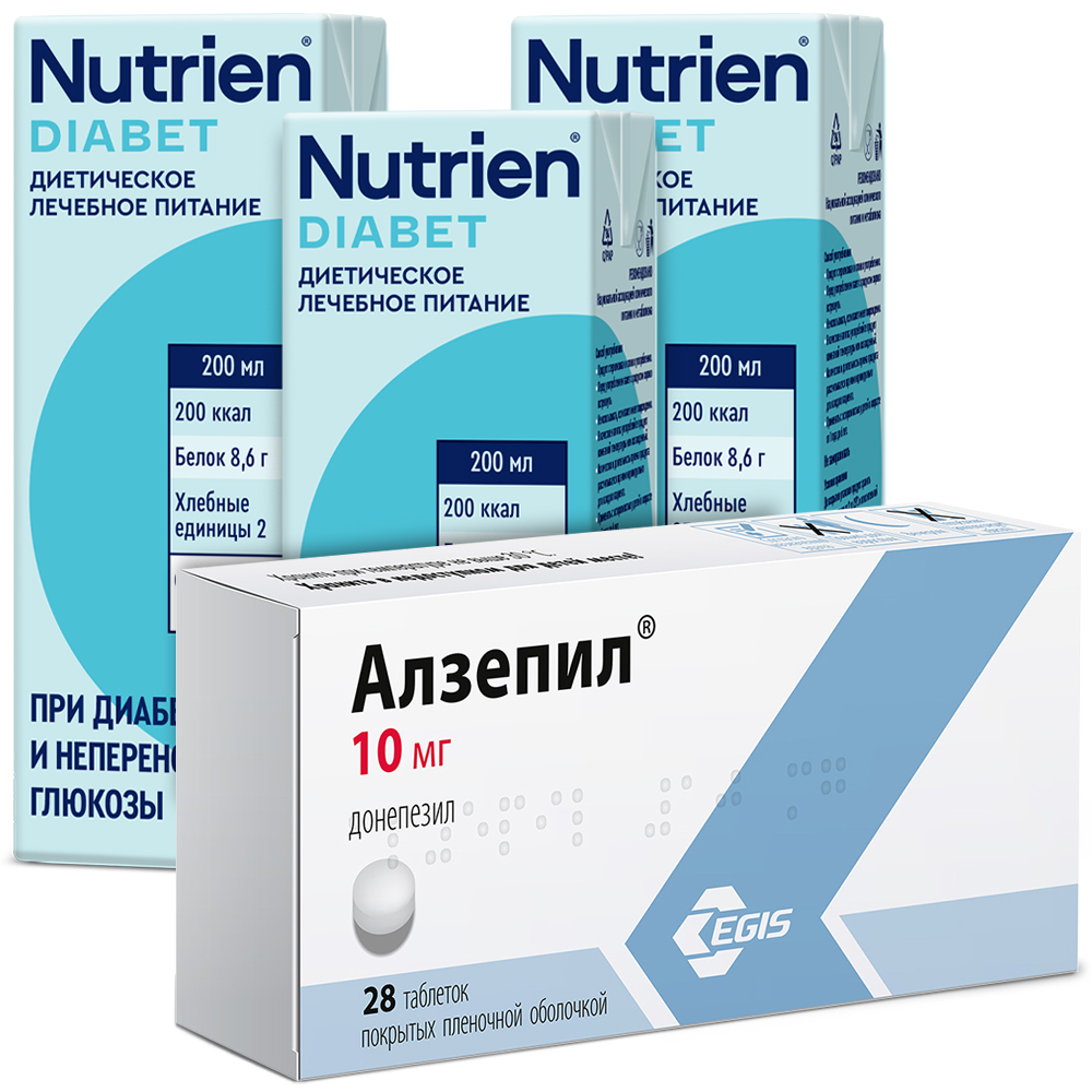 Изображение товара Набор АЛЗЕПИЛ 0,01 N28 ТАБЛ П/ПЛЕН/ОБОЛОЧ + НУТРИЭН ДИАБЕТ С НЕЙТРАЛЬНЫМ ВКУСОМ 200МЛ по специальной цене