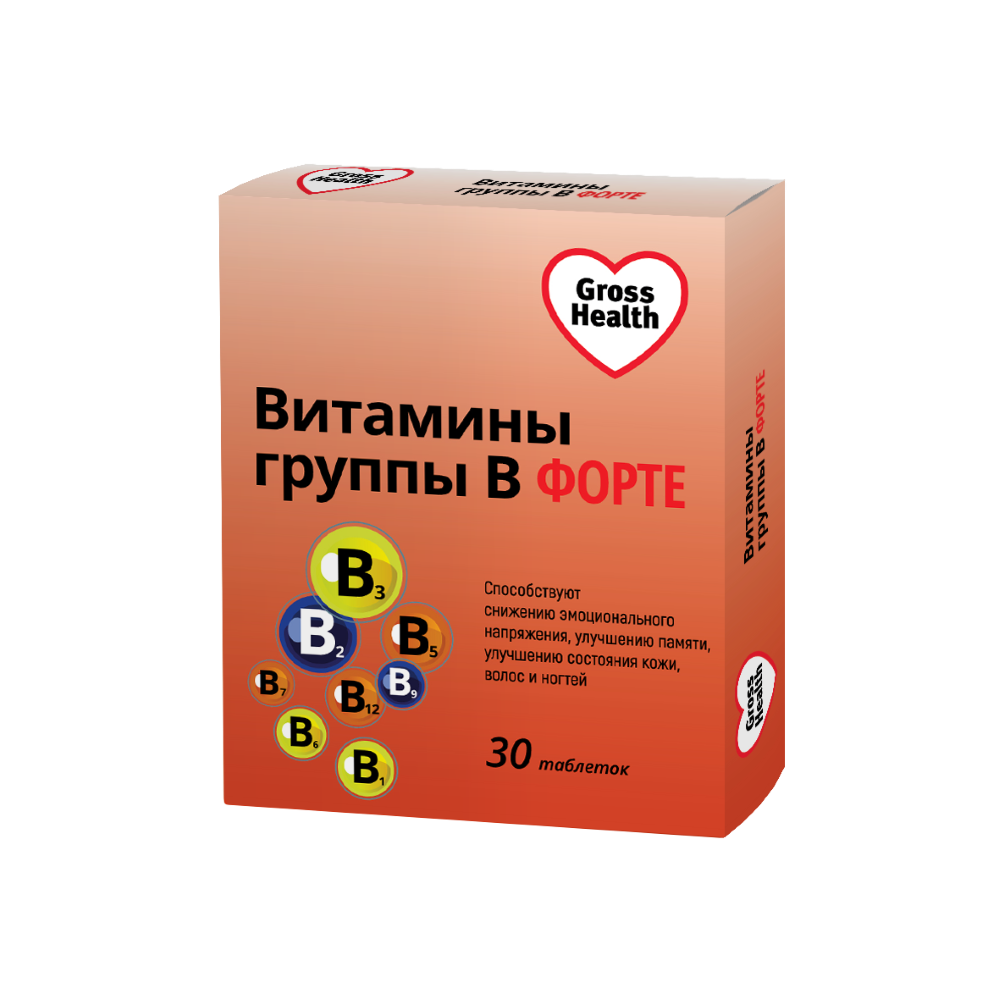 Gross health витамины группы в форте 30 шт. таблетки, покрытые оболочкой  массой 520 мг - цена 435 руб., купить в интернет аптеке в Касимове Gross  health витамины группы в форте 30 шт.