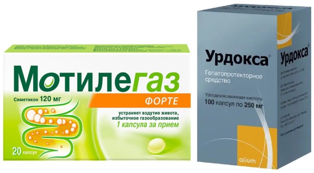 Изображение товара Набор Урдокса 250 мг 100 шт. капсулы + Мотилегаз форте 120 мг 20 шт. Капсулы