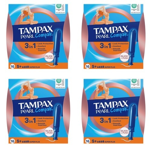 Изображение товара Набор из 4х Tampax тампоны compak pearl super plus с аппликатором 16 шт со скидкой