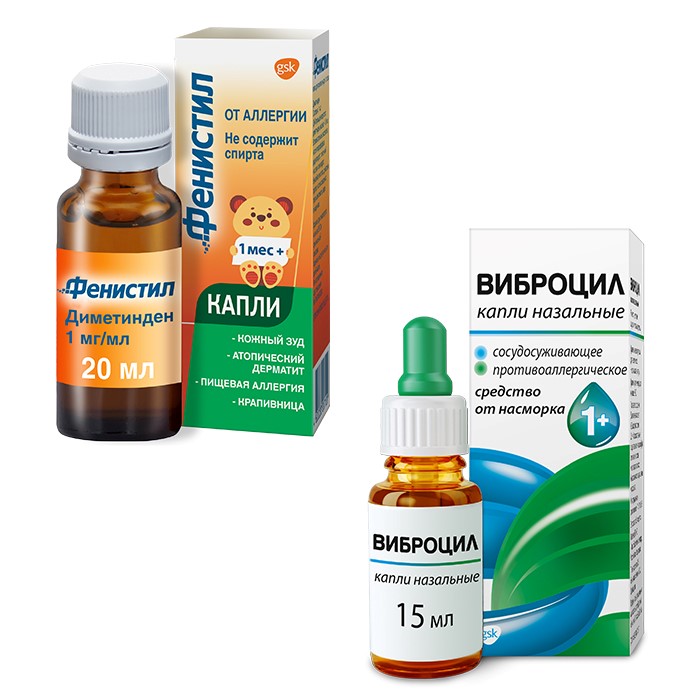 Изображение товара Набор Фенистил 0,001/мл 20мл капли д/приема внутрь + Виброцил 15мл назал капли со скидкой