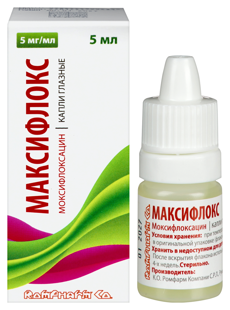 Изображение товара Максифлокс 0,005/мл глазные капли для лечения бактериального конъюнктивита 5 мл