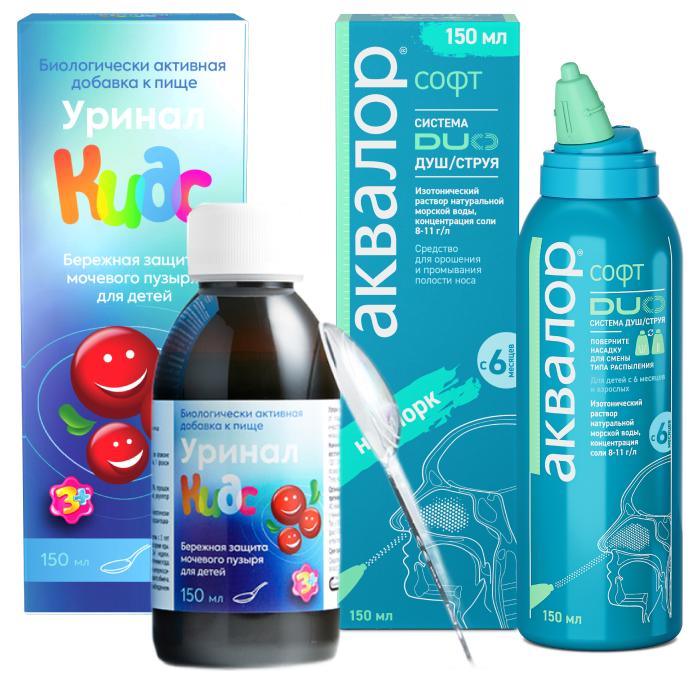 Изображение товара Набор для детей Уринал Кидс 150 мл и Аквалор Софт ДУО 150 мл со скидкой