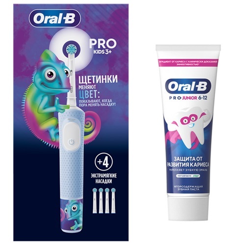 Изображение товара Набор Oral-b: зубная щетка pro kids 3+/тип 3708/с насадкой chameleon+со смен насадкой N4 + зубная паста pro-junior 75мл