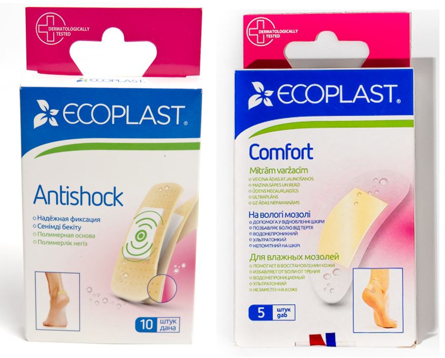 Изображение товара Набор пластырей Ecoplast: Antishock полимерный №10 + Comfort противомозольный 70х38мм №5