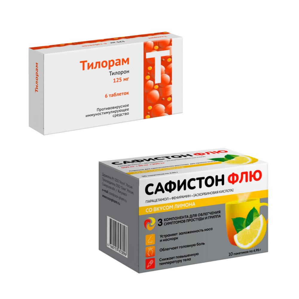 Изображение товара Набор со скидкой Тилорам 125 мг 6 шт + Сафистон Флю со вкусом лимона порошок при простуде