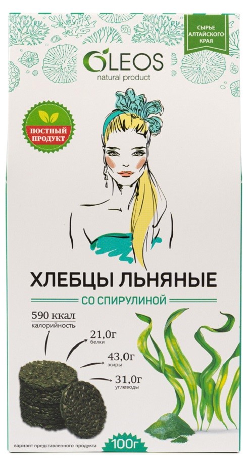 Изображение товара Льняные хлебцы со спирулиной 100 г - полезный диетический продукт для здорового питания