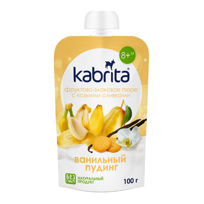 Изображение товара Кабрита фруктово-злаковое пюре с козьими сливками ванильный пудинг 100 г