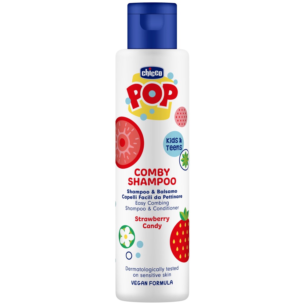 Изображение товара Chicco pop шампунь-кондиционер для волос 2 в 1 детский клубника 250 мл Изображение товара Chicco pop шампунь-кондиционер для волос 2 в 1 детский клубника 250 мл