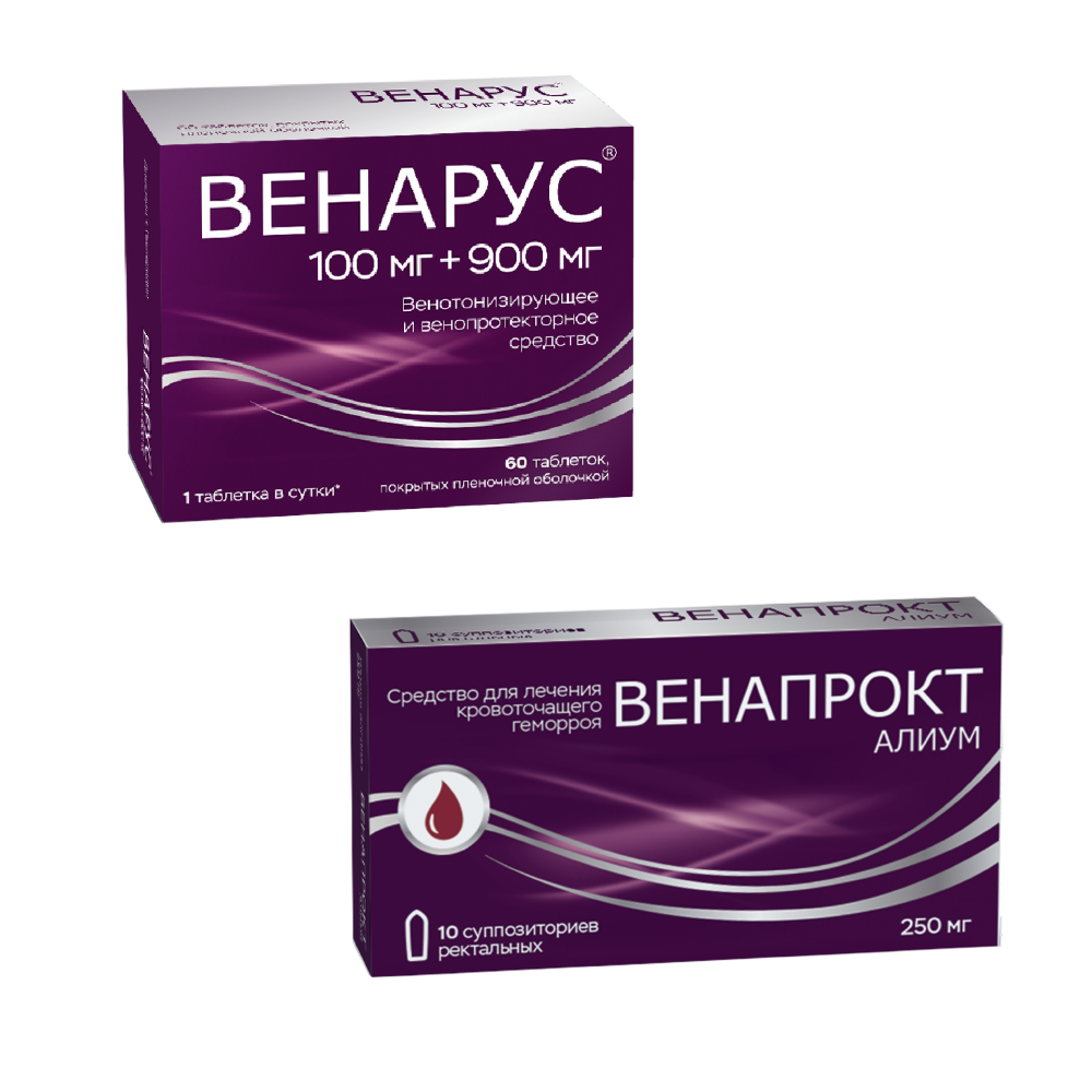 Изображение товара Набор Комплексное лечение геморроя Венарус 0,1+0,9 N60 табл + Венапрокт алиум 0,25 N10 супп рект Изображение товара Набор Комплексное лечение геморроя Венарус 0,1+0,9 N60 табл + Венапрокт алиум 0,25 N10 супп рект