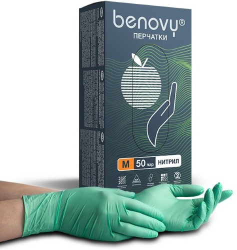 Изображение товара Перчатки смотровые benovy нитриловые нестерильные неопудренные m 50 пар/зеленый/