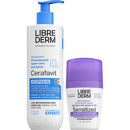 Изображение товара Набор ЛИБРИДЕРМ: крем-гель для душа липидовосстанавливающий для сухой кожи 400мл + дезодорант женский для чувствительной кожи
