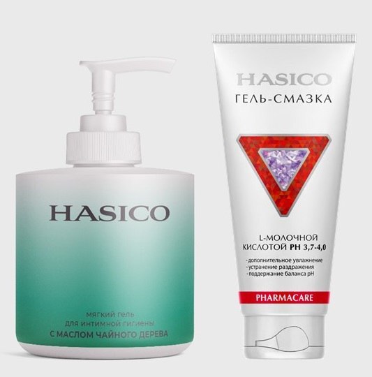 Изображение товара Набор из 2х средств HASICO: гель для интимной гигиены с маслом чайного дерева + ГЕЛЬ-СМАЗКА С L-МОЛОЧНОЙ КИСЛОТОЙ 100 МЛ