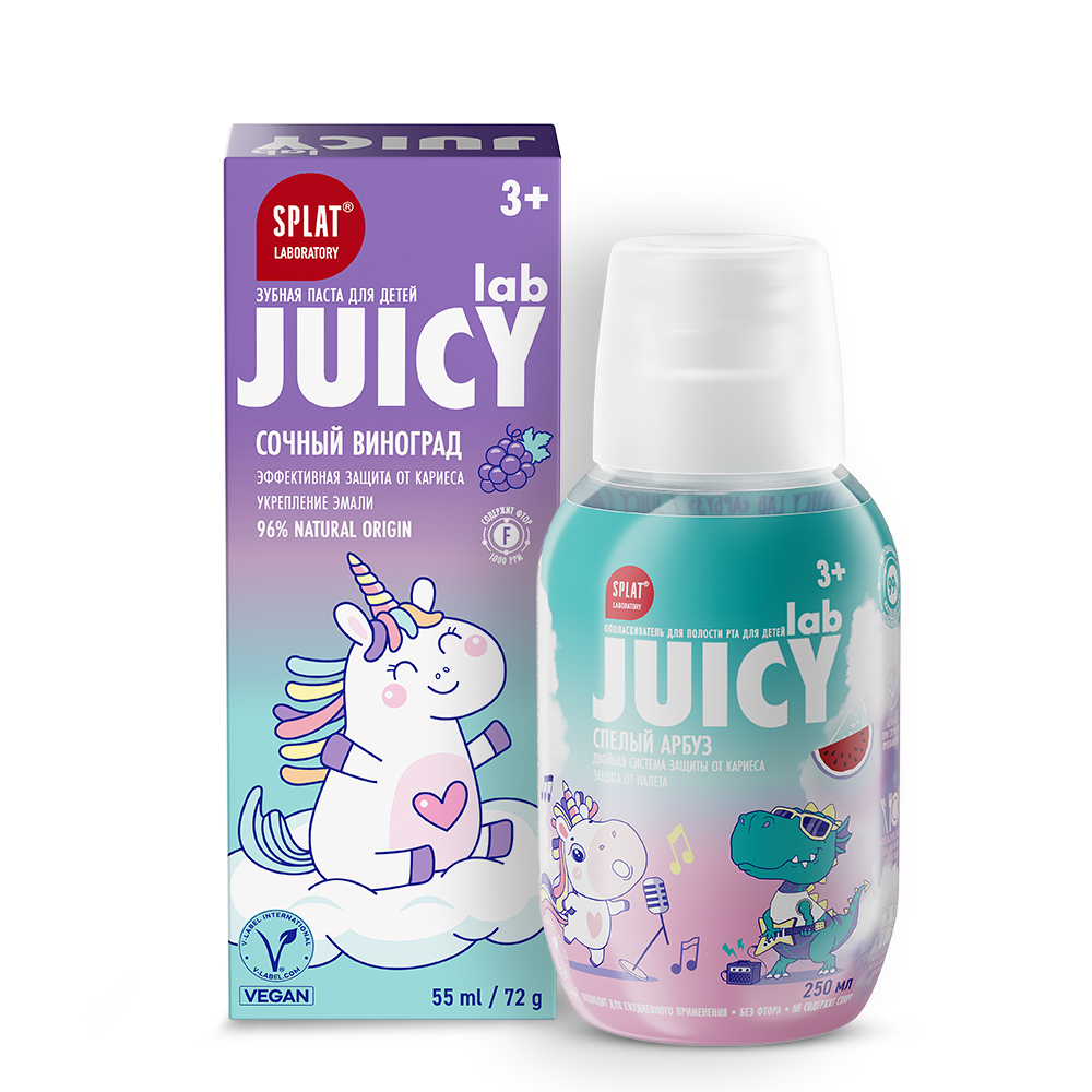 Изображение товара Набор JUICY LAB ЗУБНАЯ ПАСТА С ФТОРОМ ВИНОГРАД + ОПОЛАСКИВАТЕЛЬ ДЛЯ ПОЛОСТИ РТА АРБУЗ